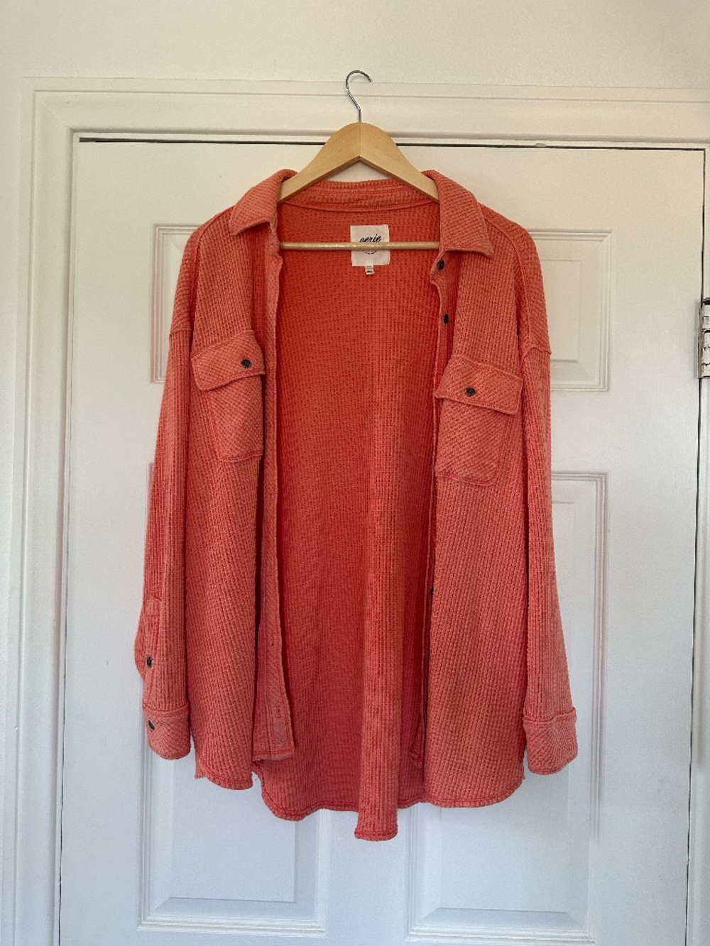 AERIE LumberJane Waffle Knit Oversized Shirt, Orange, Size small